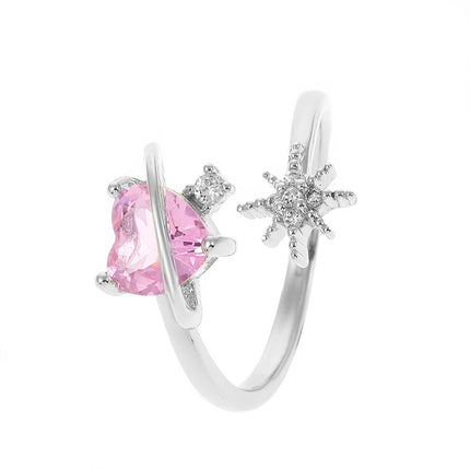Pink Heart Open Ring Fashion Zircon Octagram Index Finger Ring