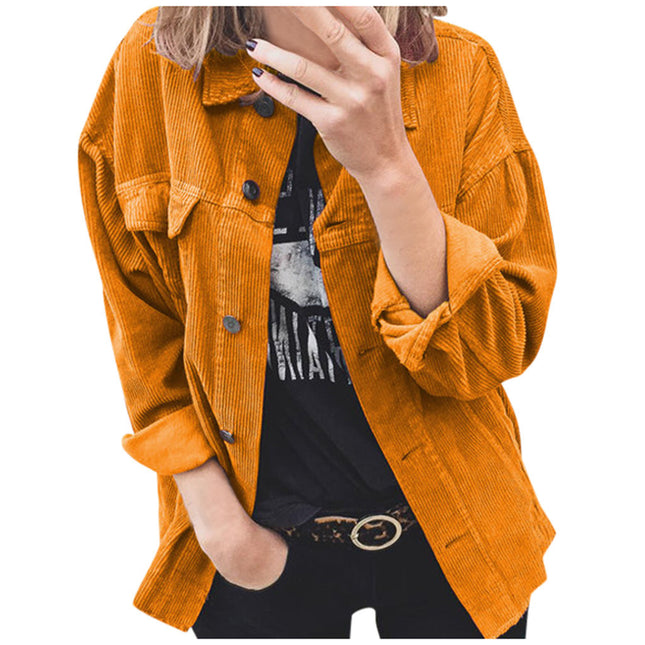 Cárdigan con botones de pana de otoño para mujer, camisa gruesa suelta con solapa de manga larga