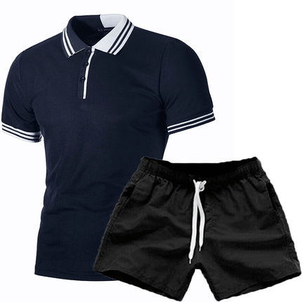 Wholesale Men's Striped Color Matching Slim Casual Polo Shirt Shorts Two Piece Set