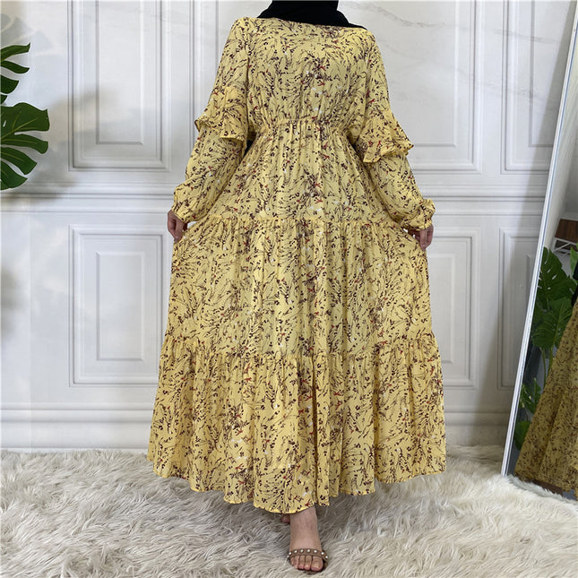 Wholesale Muslim Long Sleeve Lined Chiffon Print Tie Swing Dress