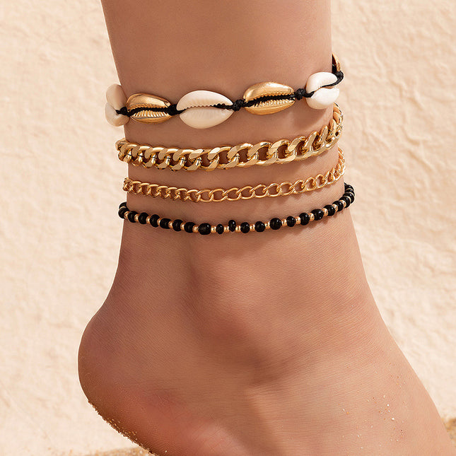 Wholesale Fashion Metal Beaded Shell Chain Four-Tier Anklet