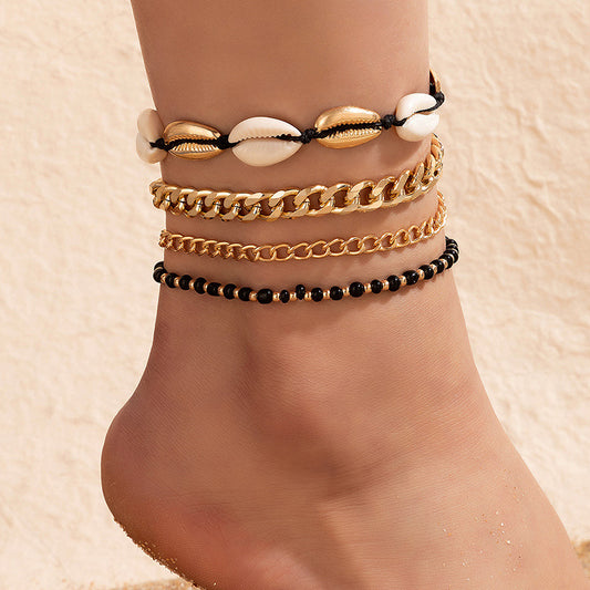 Wholesale Fashion Metal Beaded Shell Chain Four-Tier Anklet