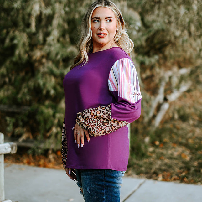 Wholesale Women's Leopard Stripe Lantern Sleeve Plus Size T-shirt