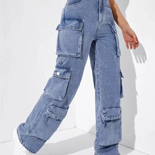 Jeans cargo de pierna recta con cintura alta y múltiples bolsillos con cremallera