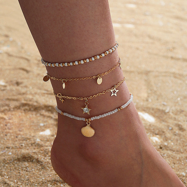 Wholesale Fashion Pearl Seashell Beaded Star Disc Anklet Four Pieces