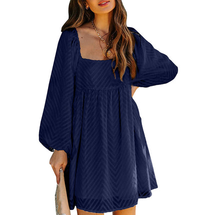 Wholesale Women's Solid Color Jacquard Square Neck Balloon Sleeve Dress