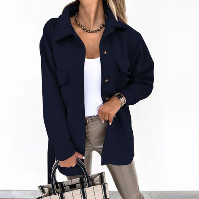 Wholesale Women's Long Sleeve Elegant Solid Color Lapel Button Lace-Up Woolen Jacket