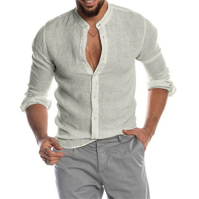 Camisa de manga larga tipo cárdigan con cuello levantado de lino de color liso para hombre