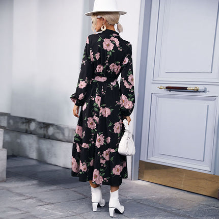 Wholesale Women's Fall Half Turtleneck Printed Chiffon Long Sleeve Dress