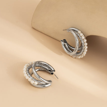 Wholesale Fashion Faux Pearl Wrap Stud Metal C Shape Earrings