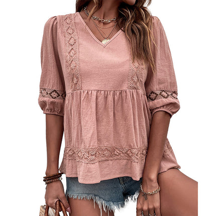 Wholesale Women's Round Neck Top Half Sleeve Lace Pleated Panel Shirt