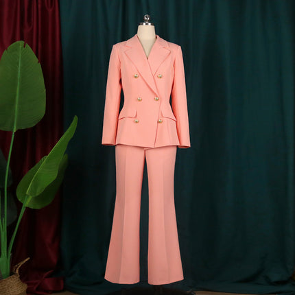 Ladies Lapel High Waist Elastic Waist Trousers Suit Two-piece Set