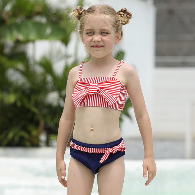 Wholesale Children's Swimsuit Striped Two-piece Bow Open Back Bikini