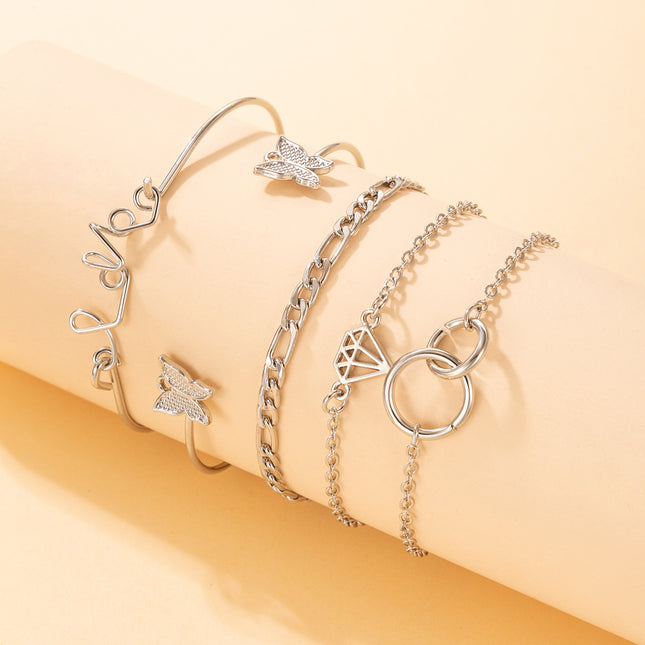 Butterfly Diamond Cutout Ring Letter Chain Open Bracelet Set