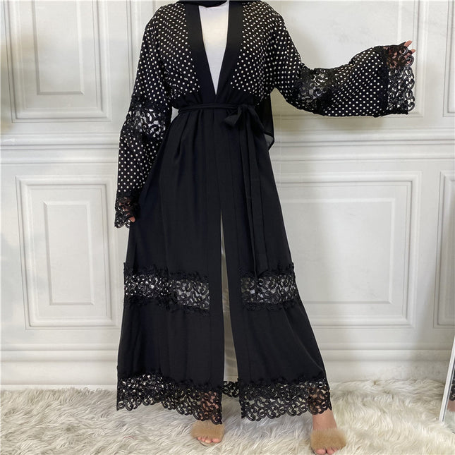 Lace Stitching Polka Dot Turkish Islamic Cardigan Muslim Abaya