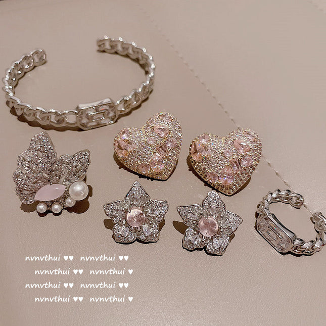 Heart Earrings 18K Gold Opal Butterfly Zircon Flower Earrings Set