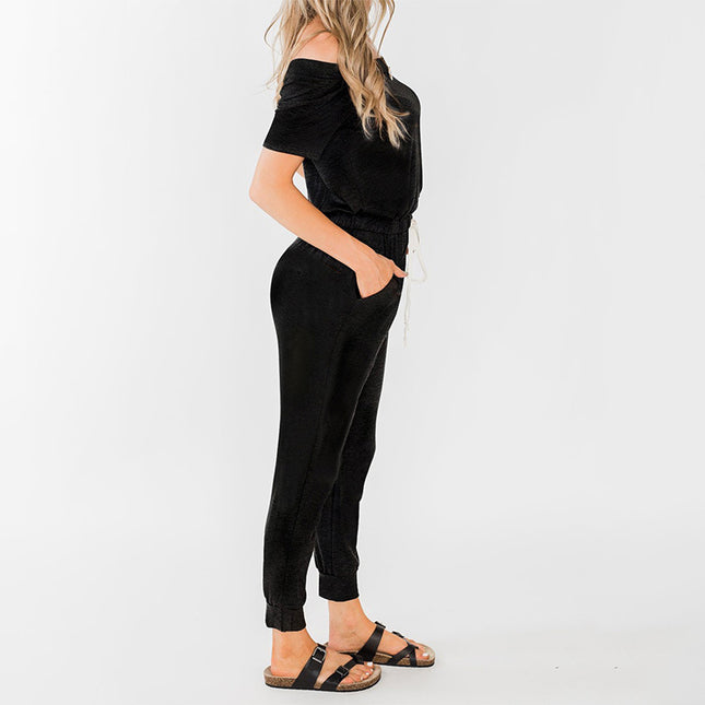 Wholesale Women's Solid Off-Shoulder Adjustable Belt Jumpsuit