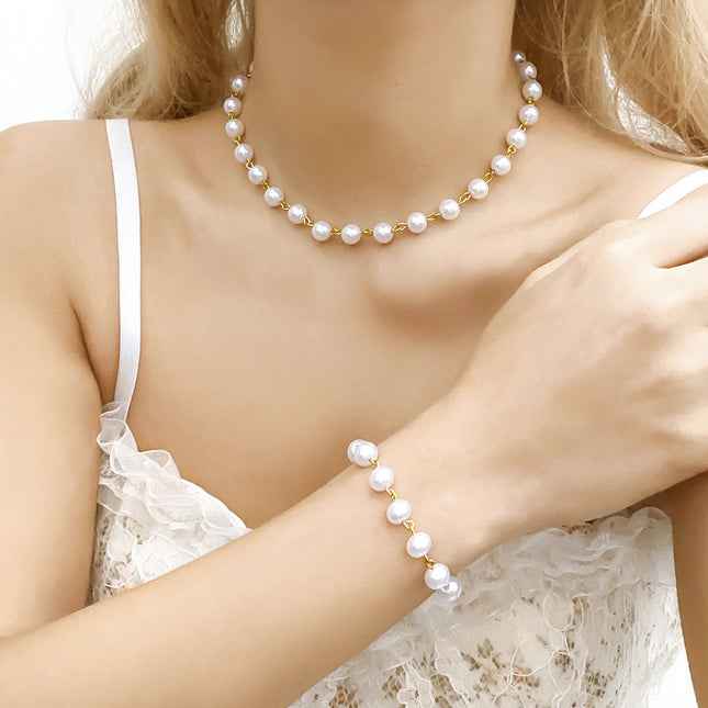 Pearl Short Clavicle Bead Necklace & Bracelet Set