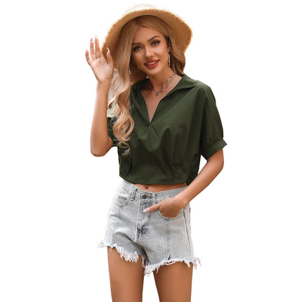 Wholesale Ladies Lapel Pullover Short Sleeve Pleated Short Shirt