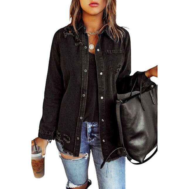 Wholesale Women's Fall Winter Black Long Sleeve Ripped Shirt Denim Jacket