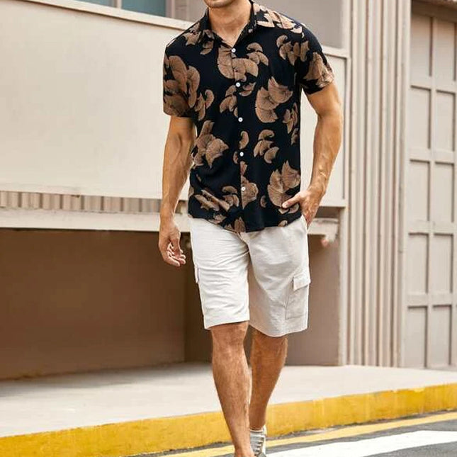 Camisa estampada de moda informal negra de manga corta para hombre de verano