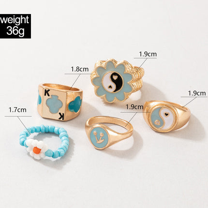 Five-Piece Set of Contrast Color Tai Chi Bagua Plum Blossom Oil Drip Rings