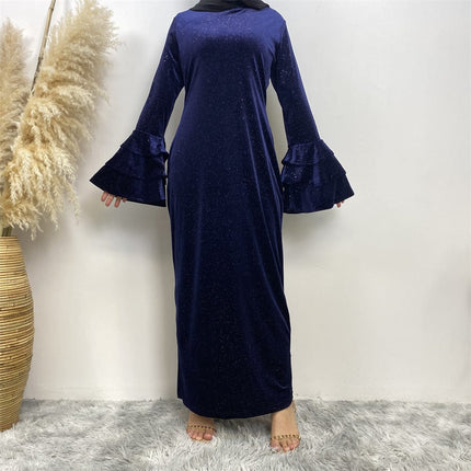 Thick Pleuche Trumpet Sleeve Solid Color Shiny Dress Abaya
