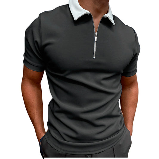 Wholesale Men's Printed Slim Zipper Lapel Pullover Short Sleeve Polo Shirt