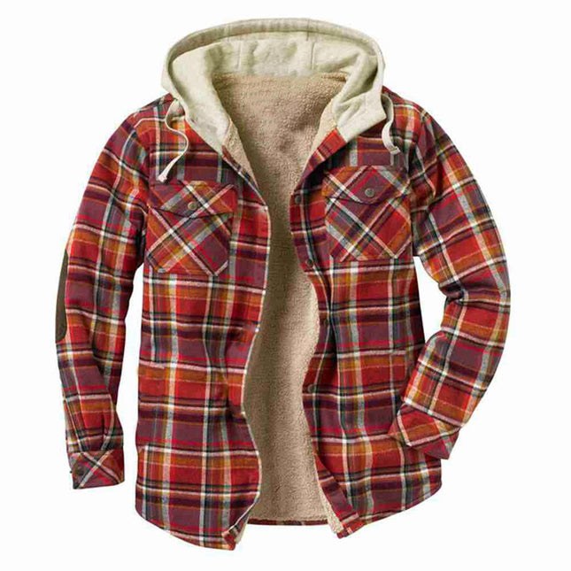 Wholesale Men's Fall Winter Check Patch Pocket Hooded Shirt Jacket