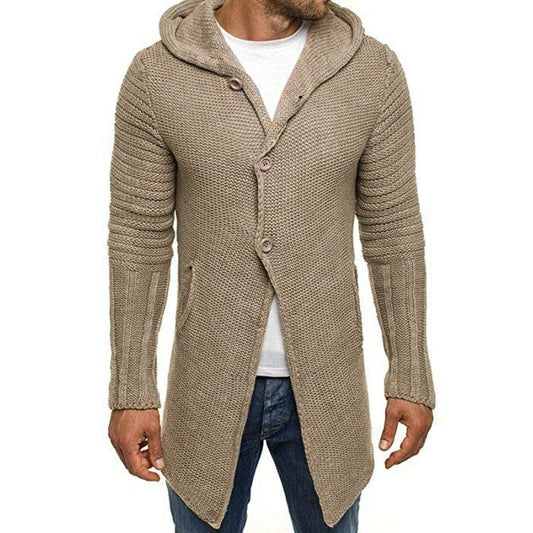 Whoesale Men's Fall Winter Button Cardigan Mid Length Hooded Sweater Jacket