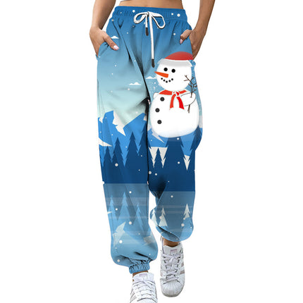 Wholesale Women's Christmas Snowman Print Pocket Wide Leg Joggers