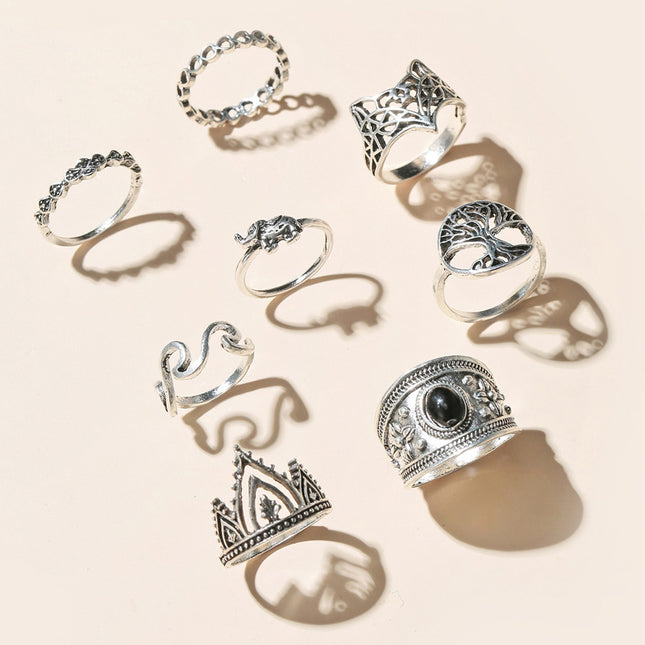 Wholesale Vintage Imitation Gemstone Inlaid Ring Set Of Eight
