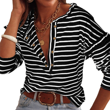 Wholesale Women's Striped Long Sleeve Button Neck Pullover T-Shirt