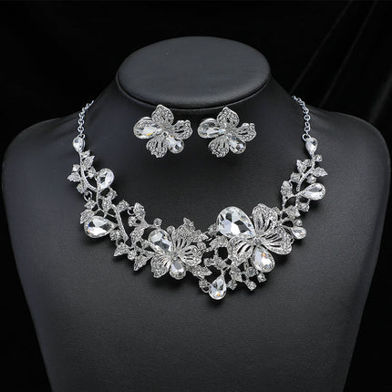 Necklace Earrings Set Fashion Alloy Crystal Flowers Bridal Dress Accessories