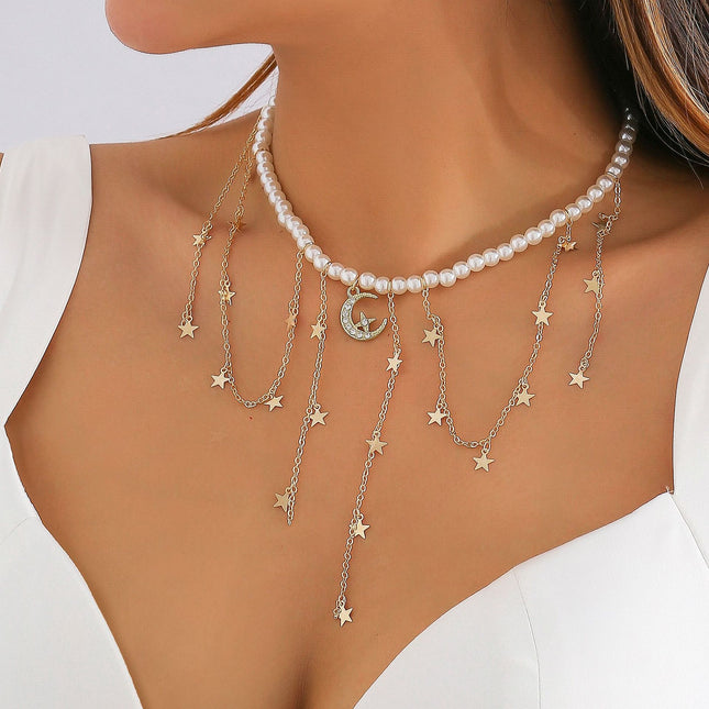 Pearl Clavicle Necklace Rhinestone Tassel Necklace