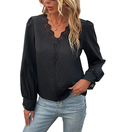 Wholesale Ladies Spring Casual Long Sleeve V-neck Lace Shirt