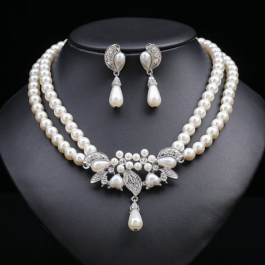 Layered Pearl Necklace Earrings Two-Piece Bridal Dress Accessories Jewelry