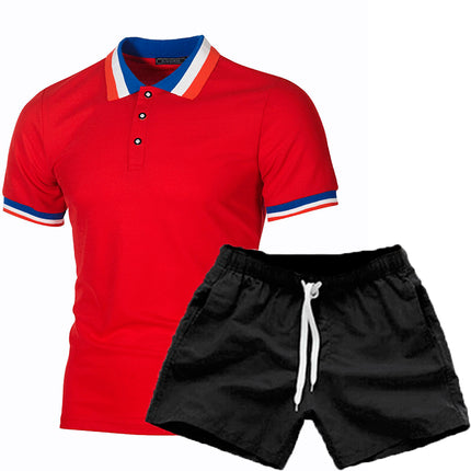 Wholesale Men's Rib Stitching Lapel Short Sleeve Polo Shirts Shorts Shorts Two Piece Set