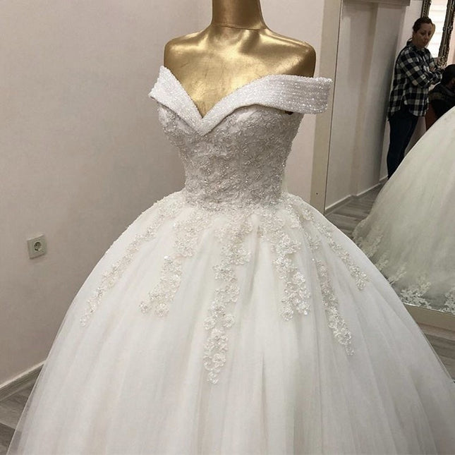 Wholesale Bride Off Shoulder Backless Waist Trailing Lace Wedding Dress
