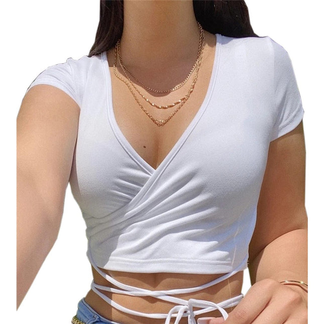 Camiseta de manga corta con cuello en V de color liso para mujer