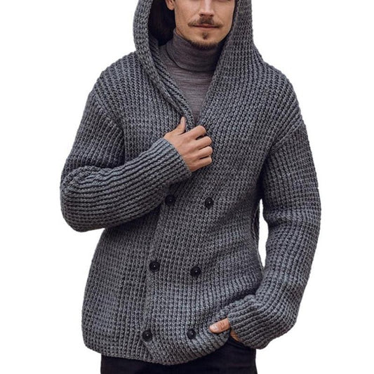 Wholesale Men's Solid Color Long Sleeve Button Cardigan Hooded Sweater Jacket
