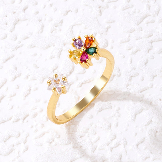 Verkupferungsbogen-Blumendiamant-einzelner Ring-geometrischer Schmetterlings-Perlen-offener Ring