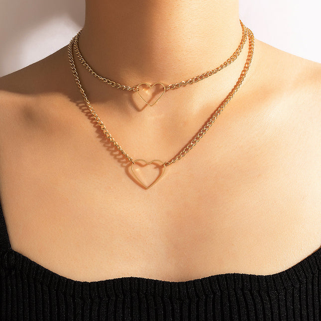 Wholesale Gold Heart Geometric Alloy Hollow Double Layer Necklace