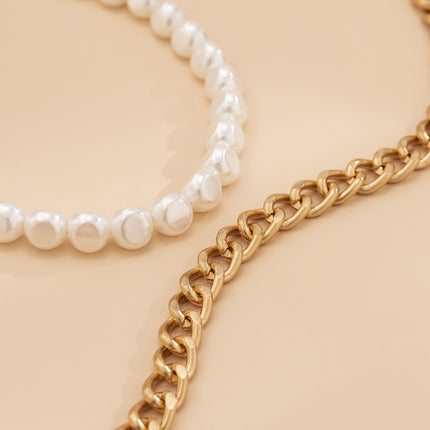 Tobillera de doble capa con cadena de perlas de imitación con cuentas de metal simple