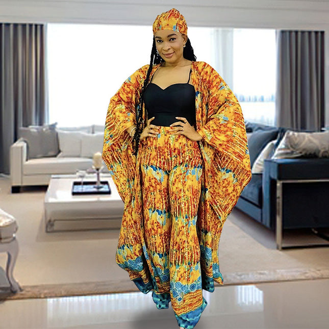Wholesale African Women's Chiffon Loose Turban Cardigan Robe Pants Three-Piece Set