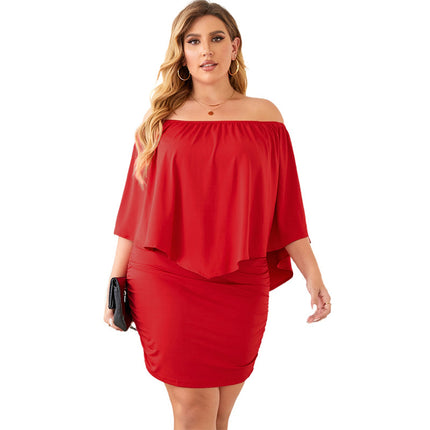 Wholesale Women's Off Shoulder Solid Color Backless High Waist Plus Size Dress