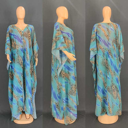 Wholesale African Women's Chiffon Printed Cardigan Abaya Pants Two-Piece Set