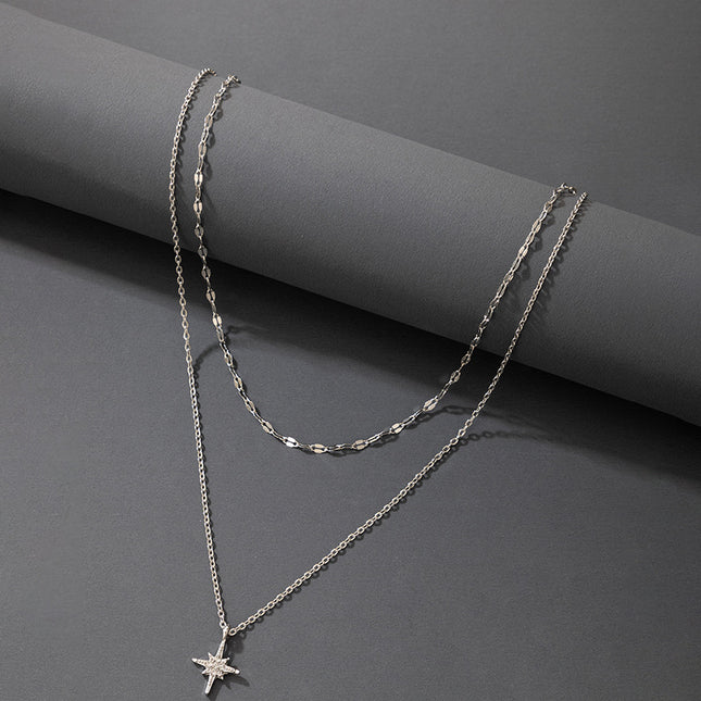 Silver Oval Clasp Necklace Octagonal Light Star Pendant Double Layer Necklace