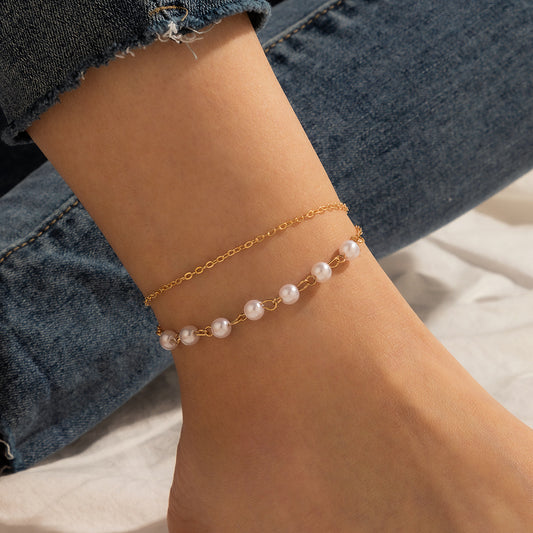 Pearl Beaded Chain Double Layer Anklet