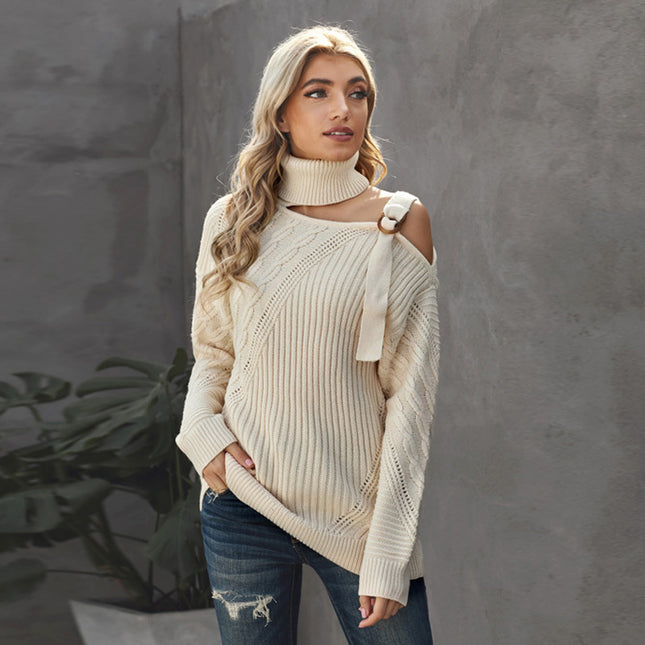 Wholesale Women's Loose Long Sleeve Solid Color One Side Off Shoulder Sweater